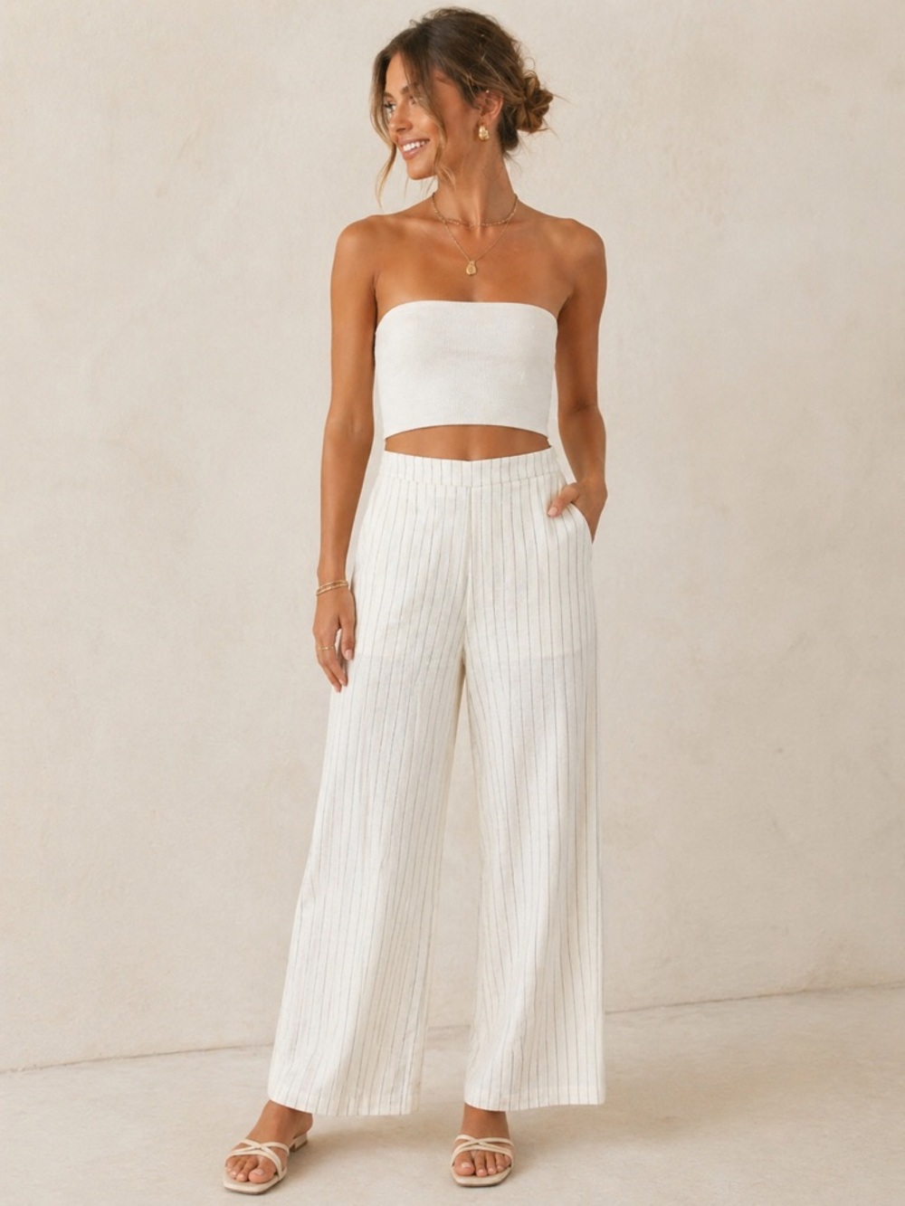 Altar’D State Cream Pinstripe Linen Blend Wide-Leg Pants Size XS